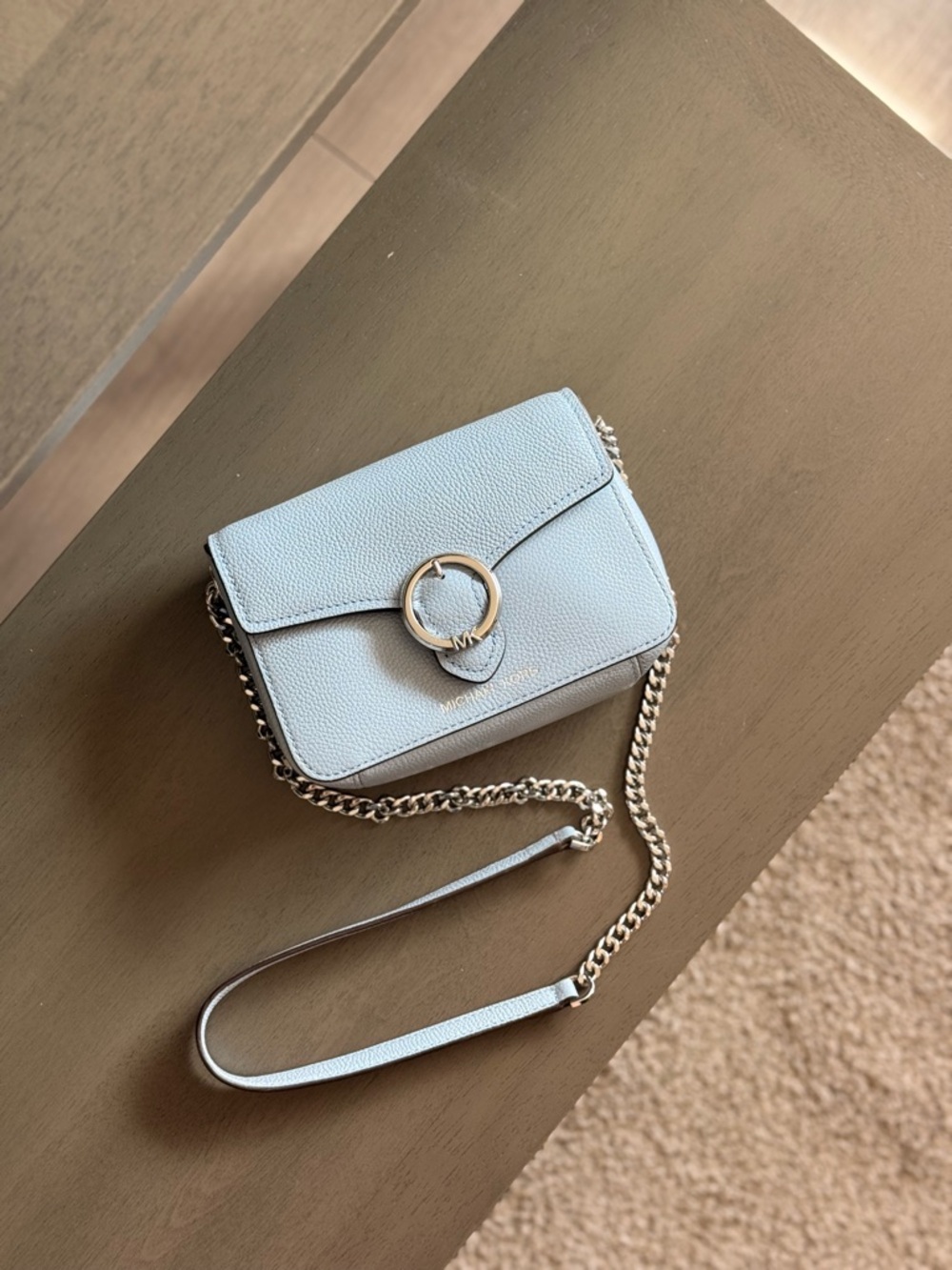 Michael Kors Powder Blue Leather Crossbody with Silver Chain